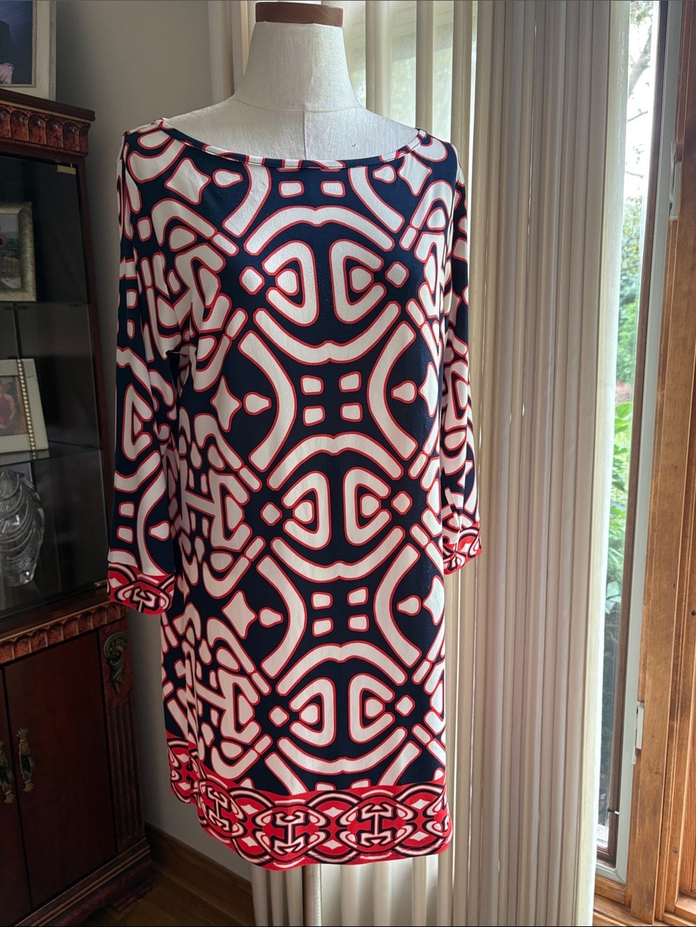 Laundry by Design Navy, White & Red Geometric 3/4 Sleeve Shift dytetch Dress 10